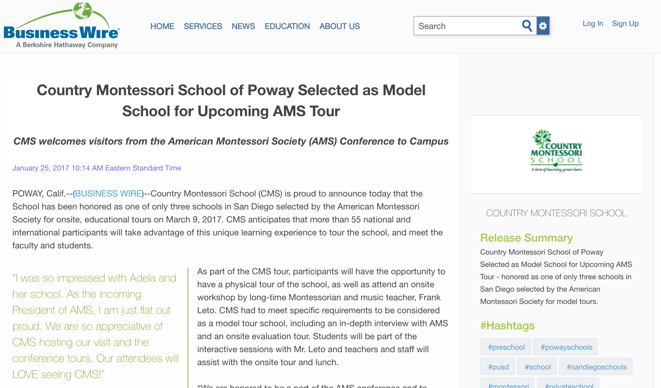 Country Montessori School of Poway Selected as Model School for Upcoming AMS Tour