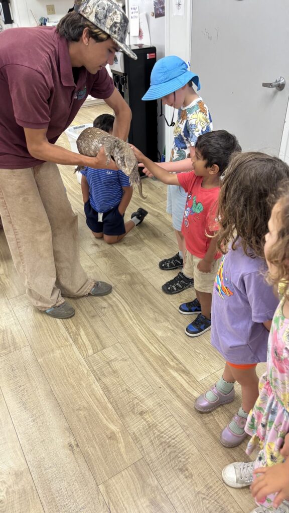 Campers gently touching a lizard held by an animal presenter at summer camp